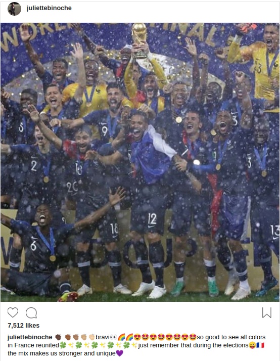 پیام تبریک ژولیت بینوش برای قهرمانی فرانسه در جام‌جهانی